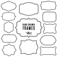 set of vintage contour blank frames and labels. hand drawn vector illustration.