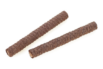 Two wafer rolls with chocolate on a white background