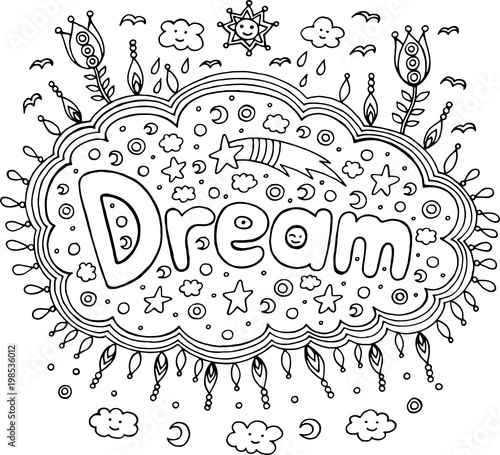 Coloring page for adults with mandala and dream word. Doodle let Stock