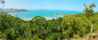 Panoramic view of Cape Hillsborough with Wedge Island and reef in Cape Hillsborough National Park in Australia.