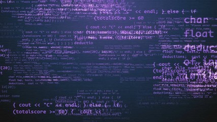 Wall Mural - a volumetric 3d rendering of a coding program with self printing and approaching violet texts, formu