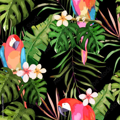 Tropical seamless pattern. Palm tree leave, flower and parrot. Hand drawn vec...