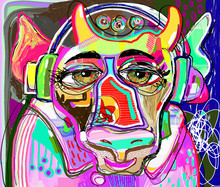 Colorful Cow In Pink Clothes And Headphones Listens To Music