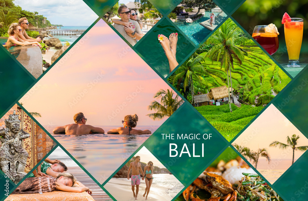 Collage of photos from beautiful Bali island in Indonesia - obrazy, fototapety, plakaty 