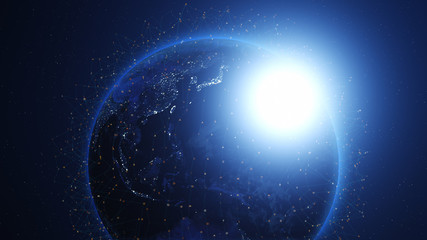 Wall Mural - Shiny blue earth covered with 3d lines and letters around. Technology and global network concept.