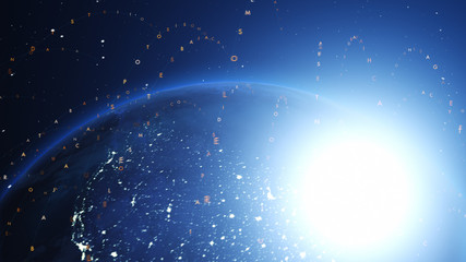Wall Mural - shiny blue earth covered with 3d lines and letters around. technology and global network concept.