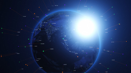 Wall Mural - Blue earth covered with 3d lines and numbers around. Technology and global network concept.
