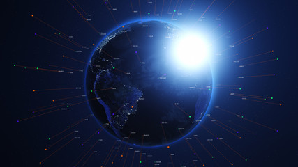 Wall Mural - Blue earth covered with 3d lines and numbers around. Technology and global network concept.