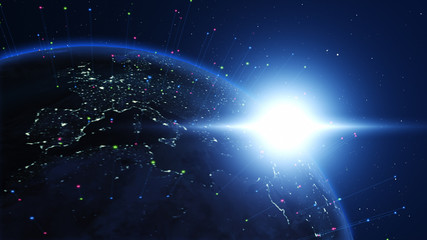 Wall Mural - Shiny blue earth with colorful 3d lines and letters around. Technology and global network concept.