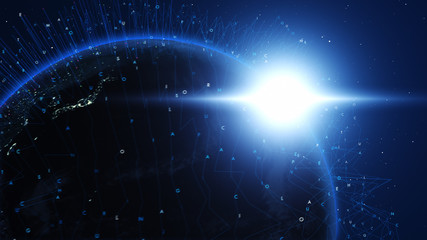 Wall Mural - Shiny blue earth with colorful 3d lines and letters around. Technology and global network concept.