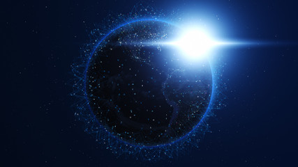 Wall Mural - shiny blue earth with colorful 3d lines and letters around. technology and global network concept.