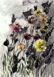 Rustic field of roses and lupines with butterflies. The dabbing technique near the edges gives a soft focus effect due to the altered surface roughness of the paper.