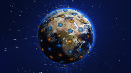 Wall Mural - shiny blue earth with 3d lines and colorful circles around. technology and global network concept.
