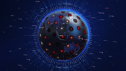 Wall Mural - Shiny blue earth with 3d lines and colorful circles around. Technology and global network concept.
