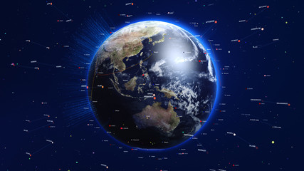 Wall Mural - shiny blue earth with colorful 3d lines and letters around. technology and global network concept.