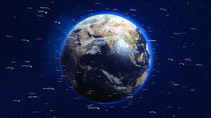Wall Mural - Shiny blue earth with colorful 3d lines and letters around. Technology and global network concept.