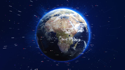 Wall Mural - shiny blue earth with colorful 3d lines and letters around. technology and global network concept.