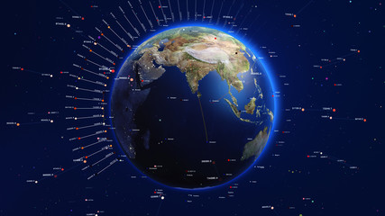 Wall Mural - Shiny blue earth with colorful 3d lines and letters around. Technology and global network concept.