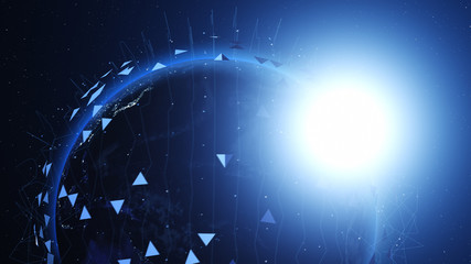 Wall Mural - Shiny blue earth covered with 3d lines and triangles around. Technology and global network concept.