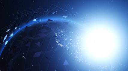 Wall Mural - Shiny blue earth covered with 3d lines and triangles around. Technology and global network concept.