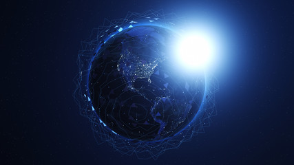 Wall Mural - Shiny blue earth covered with 3d lines and triangles around. Technology and global network concept.