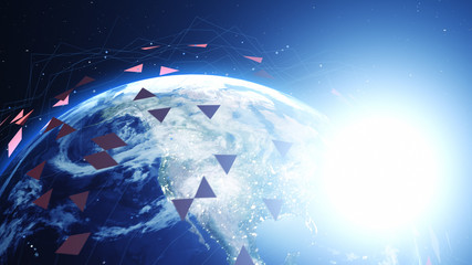 Wall Mural - Shiny blue earth covered with 3d lines and colorful triangles around. Technology and global network concept.