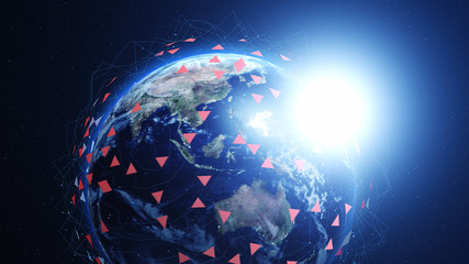Wall Mural - Shiny blue earth covered with 3d lines and colorful triangles around. Technology and global network concept.