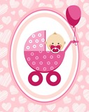 Fototapeta  - Newborn baby, girl, greeting card, pink hearts, vector. A little girl in a pink stroller. A pink balloon is tied to the stroller. Color, flat card. Congratulation. Pink hearts on pink field. 