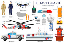 Coast Guard Day Flat Icoms Set. Guarding The Order Background. Devices Infographic Concept. Layout Illustrations Template