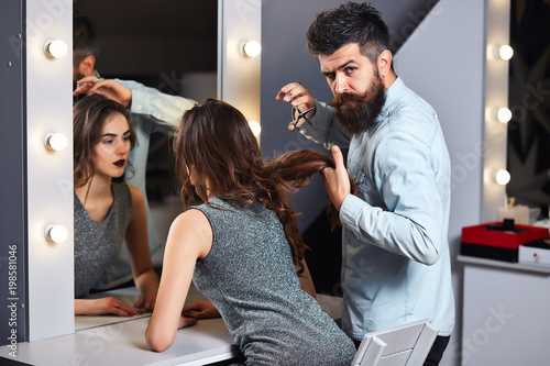 Pretty Girl At Hair Saloon With Male Hairdresser Brunette Girl