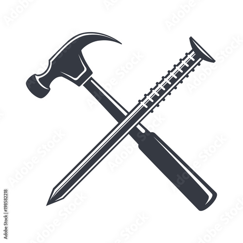 Fotografía Vintage hammer and nail Icon, joiner's tools, simple shape, for graphic design of logo, emblem, symbol, sign, badge, label,stamp, isolated on white background