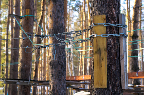 Foto the attraction in the trees with suspended tracks with safety equipment and a ra