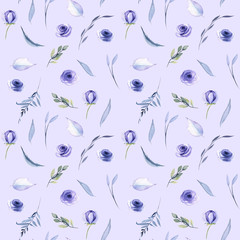  Watercolor blue roses, flowers leaves and branches seamless pattern, hand painted on a blue background