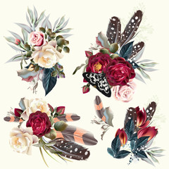 Poster - Boho fashion collection of vector flowers with feathers