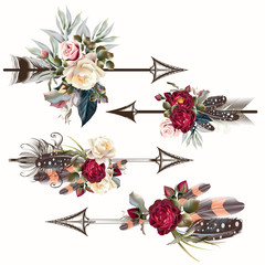 Poster - Set of vector boho arrows with roses and feathers for design