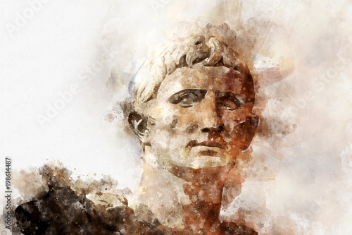 Fotografía Watercolor, Sculpture of the Emperor Trajano of Rome