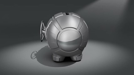 Wall Mural - Steel piggy bank rotating on dark background. Conceptual 3D render.