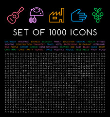 Wall Mural - set of 1000 isolated minimal modern simple elegant white stroke icons on black background