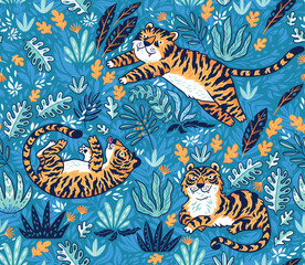 Wall Mural - Tropical seamless pattern with funny tigers in cartoon style. Vector illustration