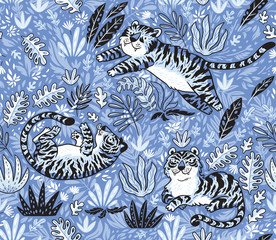 Wall Mural - Tropical seamless pattern with funny tigers in cartoon style. Vector illustration in blue colors