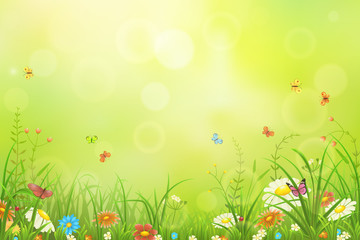 Wall Mural - Green meadow background with grass, flowers and butterflies