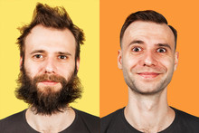 Young Guy With Beard And Without A Beard. Man Before And After Shave. Isolated.