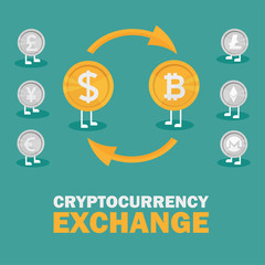 Wall Mural - Dollar to bitcoin currency exchange. Bitcoin exchange with bitcoin coin symbol and sign of other currencies. Cryptocurrency technology. Vector illustration
