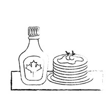 Pancake And Bottle Syrup Maple Delicious Vector Illustration Sketch