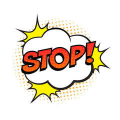 Wall Mural - retro comic speech bubble with colorful halftone shadow on white background. expression text stop. v