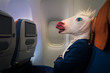 Unusual passenger in elegant suit sits alone inside the aircraft and ready to departure. Young man in funny mask travels by plane. Strange traveler in air voyage. Unicorn enjoys his flying