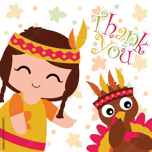 Vector Cartoon Illustration With Cute Indian Girl And Turkey On Maple Leaves Background Suitable For Happy Thanksgiving Card Design Thanks Tag And Printable Wallpaper Buy This Stock Vector And Explore Similar