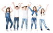 © ulza - Group happy children  friends with their hands up on a white background