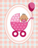 Fototapeta  - Baby, girl, Africa, greeting card, pink checkered background, vector. A little girl in a pink stroller. A pink balloon is tied to the stroller. Color, flat card. Congratulation. Pink squares