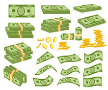 Set A Various Kind Of Money. Packing In Bundles Of Bank Notes, Bills Fly, Gold Coins. Vector Illustration Isolated On White Background. Web Site Page And Mobile App Design
